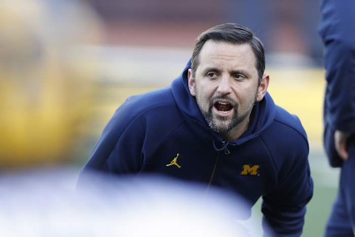 Apr 13, 2019; Ann Arbor, MI, USA; Michigan Wolverines linebackers coach Anthony Campanile yells out during the spring football game at Michigan Stadium.